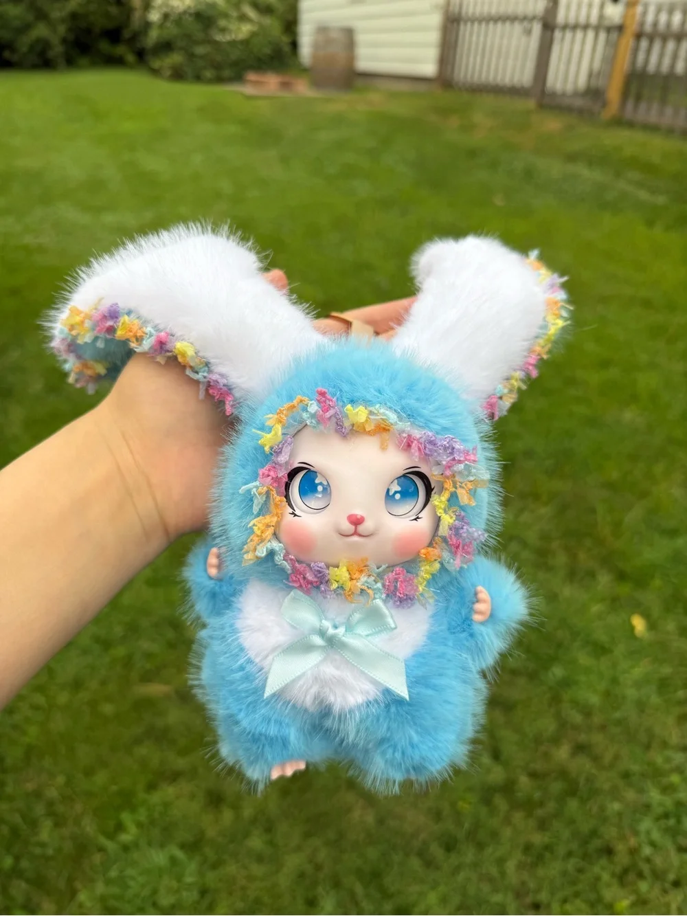 Adorable Blue Plush Bunny Keychain with Floral Trim backpack charm for birthday